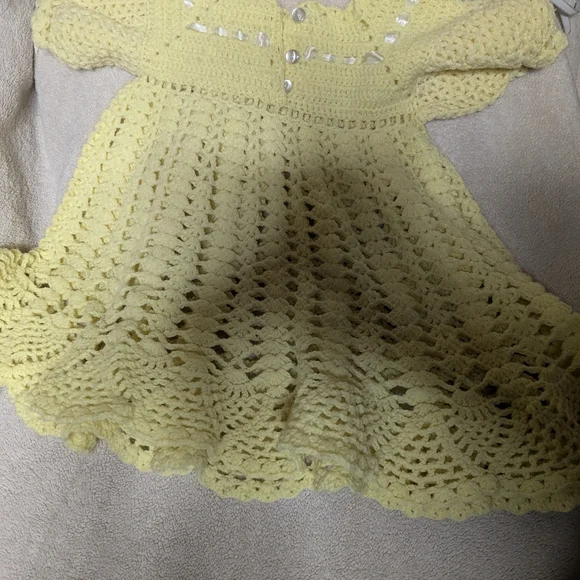 Baby girl crochet knit light yellow dress, collectible, vintage, handmade, doll